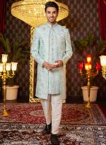 Art Silk Pista Green Wedding Wear Thread Work Readymade Indo Western Sherwani